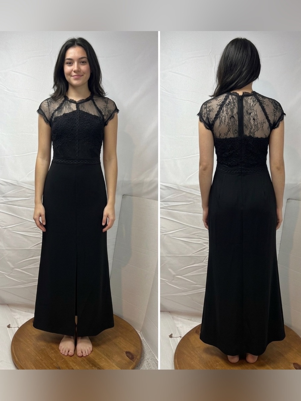 Harlyn Women's S Black Cap Sleeve Lace Long Gown Illusion Dress Anthropologie